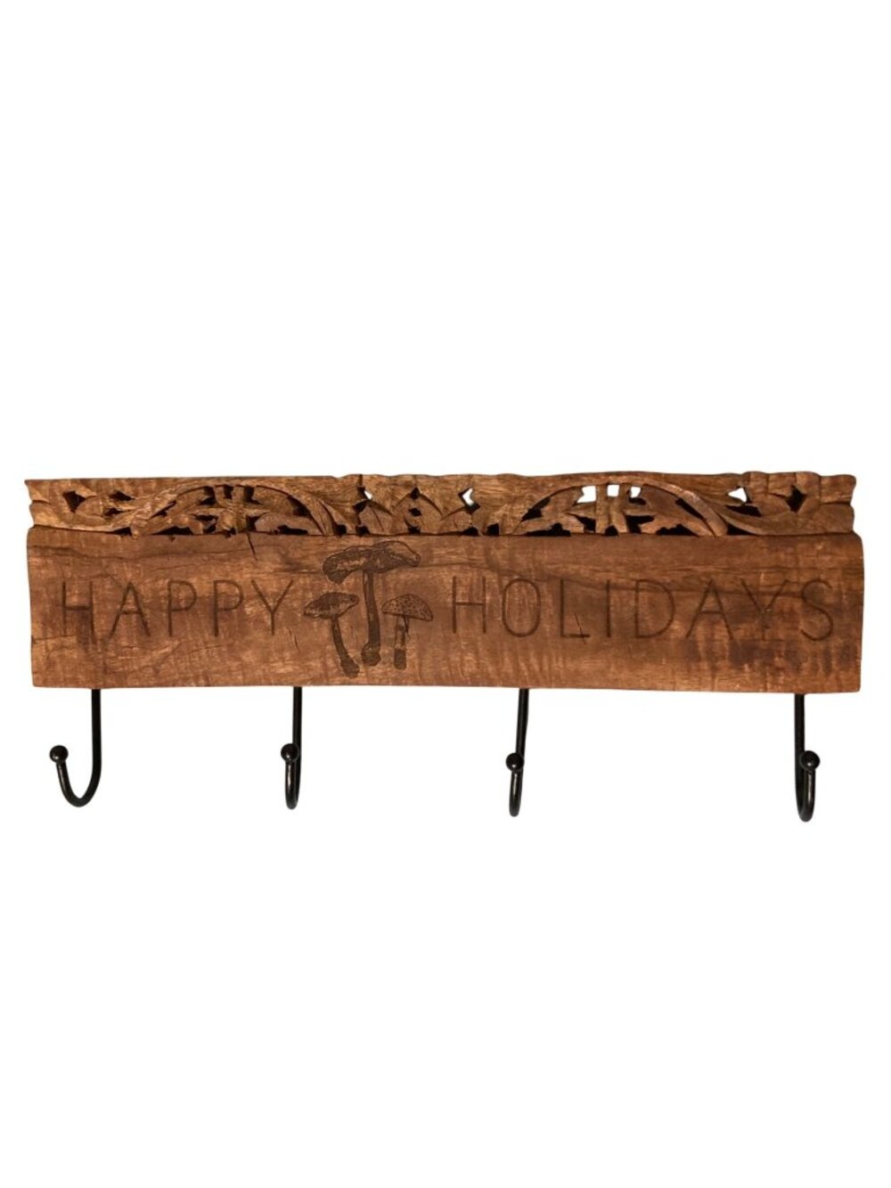 Holiday Wood Wall Hook Rack With Mushroom Design And Four Metal Hooks